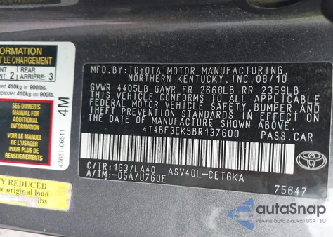 2011 Toyota Camry Se/Le/Xle из США, поврежденный, VIN 4T4BF3EK5BR137600